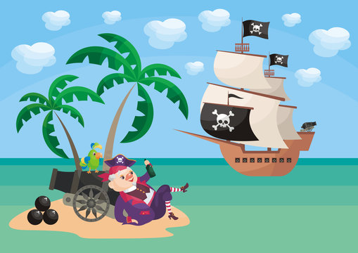 Vector background with image of a pirate and ship in cartoon style. Children's illustration.