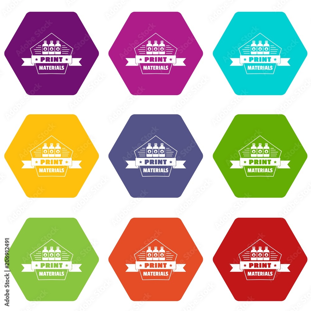 Poster print materials icons 9 set coloful isolated on white for web