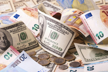 Dollar, euro banknotes, coins