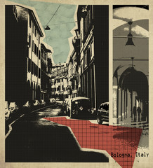 retro postcard of Bologna, collage from my own photos and textured backgrounds