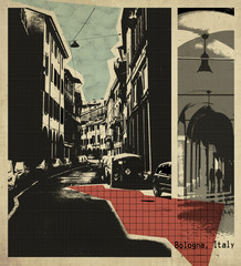 retro postcard of Bologna, collage from my own photos and textured backgrounds © Ariadna de Raadt