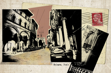 retro postcard of Bologna, collage from my  photos and textured backgrounds © Ariadna de Raadt