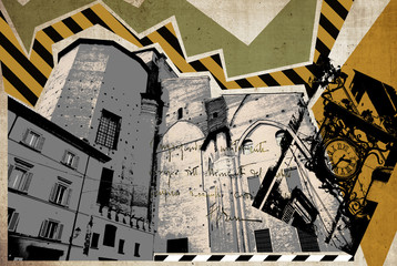 retro postcard of Bologna, collage fron my own photos and textured backgrounds