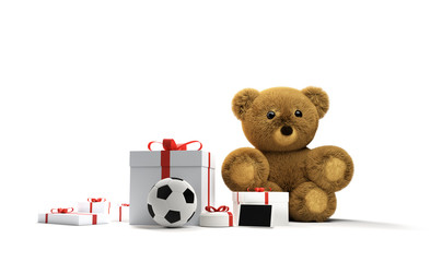 gift boxes as soccer ball teddy bear mobile phone 3d rendering