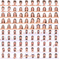 Collage of emotions girl and bearded man. Different emotions. Emoji set of pretty girl&bearded man. Feeling and emotions. Set of human emotions. Emoji. Isolated on white background. Face expression.