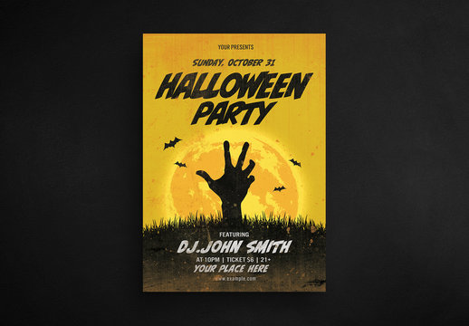 Halloween Party Flyer Layout with Zombie Hand and Yellow Moon