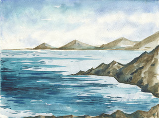 Ocean landscape, Sea side, Beach. Beautiful watercolor hand painting illustration