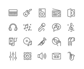 Simple Set of Music Related Vector Line Icons. Contains such Icons as Guitar, Treble Clef, In-ear Headphones, Trumpet and more. Editable Stroke. 48x48 Pixel Perfect.