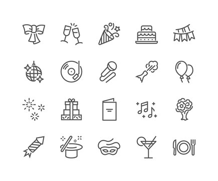 Simple Set of Related Vector Line Icons. Contains such Icons as Bouquet of Flowers, Karaoke, Dj, Masquerade and more. Editable Stroke. 48x48 Pixel Perfect.