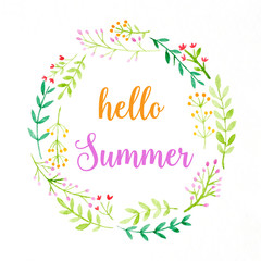 Obraz premium Hello summer on watercolor flower wreath painting on white background, season greeting card