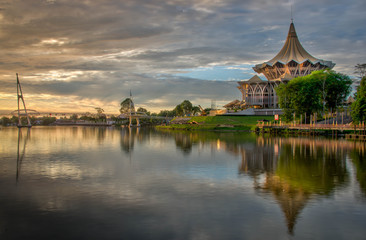 Waterfront at Kuching Borneo in Malaysia at twilight along the Sarawak River
