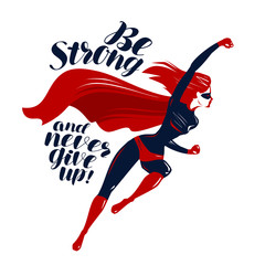 Superhero in flight. Typographic design, lettering vector illustration