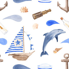 Nautical watercolor seamless pattern. A ship, a dolphin, a bottle with a note, a telescope, shells, waves, an anchor, a sailor cap. Texture in a marine style for invitations, postcards, wallpapers.