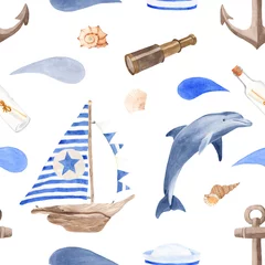 Tapeten Meerestiere Nautische Aquarell nahtlose Muster. Ein Schiff, ein Delphin, eine Flasche mit einer Notiz, ein Teleskop, Muscheln, Wellen, ein Anker, eine Matrosenmütze. Textur im maritimen Stil für Einladungen, Postkarten, Tapeten.