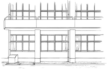 漫画風ペン画イラスト　学校（外観）