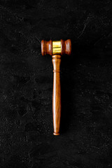 Lawyer or attorney concept. Judge gavel on black background top view copy space