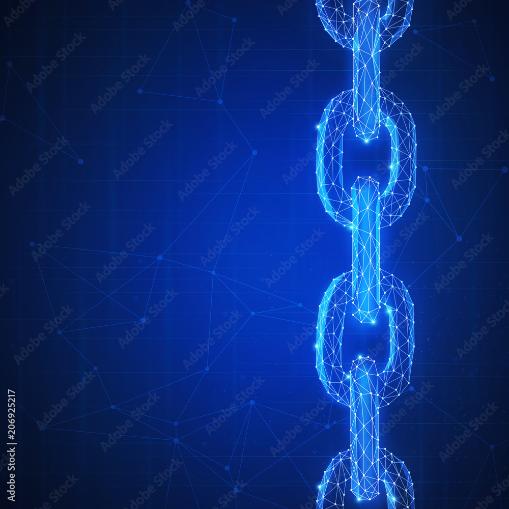 Poster blockchain link 3d futuristic hud banner. polygon global cryptography chain hyperlink business netwo