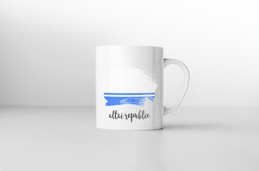 Altai Republic flag souvenir mug on white background. 3D renderi