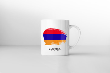 Armenia flag souvenir mug on white background. 3D rendering.