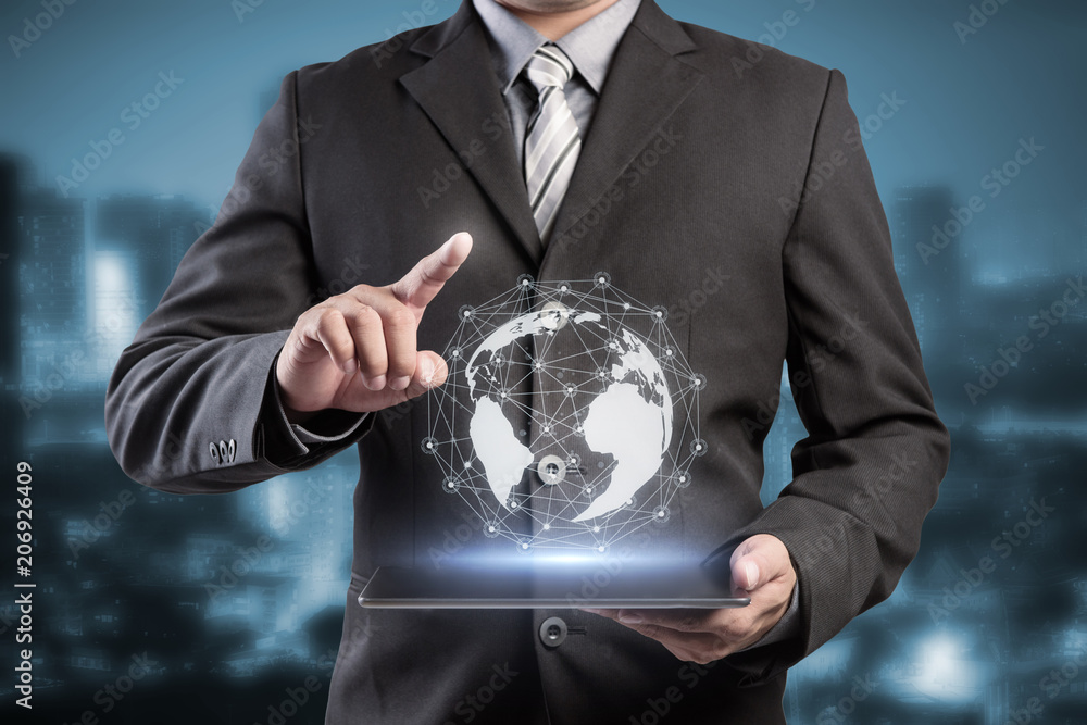 Poster businessman hand touching virtual button on earth map point with network connection, international m