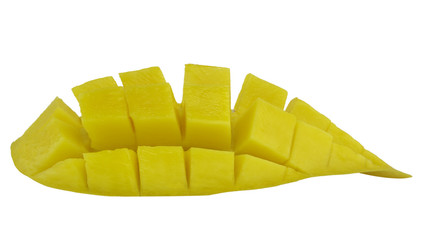 Yellow ripe sweet beautiful mango fruit and mango slice with cubes isolated white background.