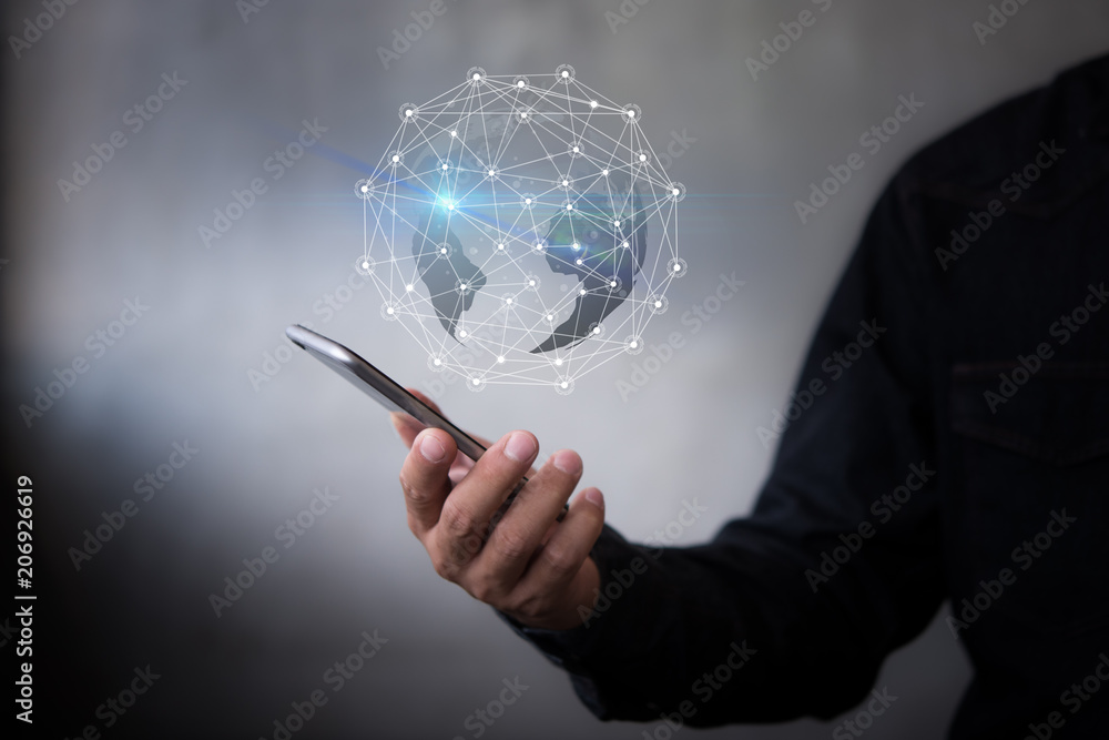 Poster Businessman using smartphone with virtual Earth map point with network connection, international meaning
