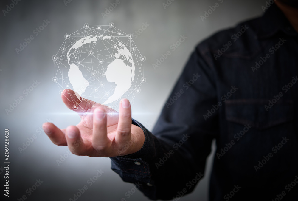 Poster businessman with virtual earth map point with network connection on hand, international meaning