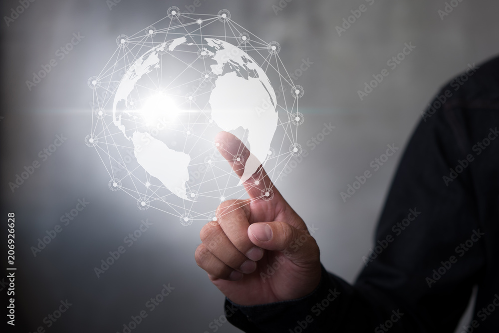 Poster Businessman touching global network and data exchanges over the world virtual screen