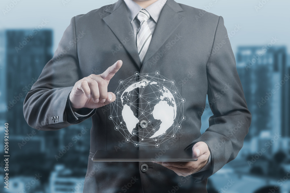Poster businessman hand touching virtual button on earth map point with network connection, international m
