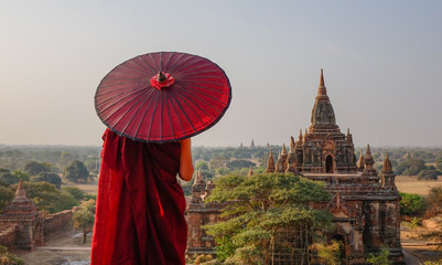 A monk at ancient temple in Bagan, Myanmar