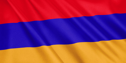 Armenia flag waving with the wind, wide format, 3D illustration. 3D rendering.