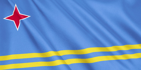 Aruba flag waving with the wind, wide format, 3D illustration. 3D rendering.
