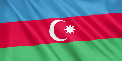 Azerbaijan flag waving with the wind, wide format, 3D illustration. 3D rendering.