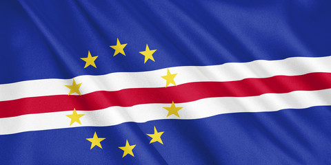 Cape Verde flag waving with the wind, wide format, 3D illustration. 3D rendering.