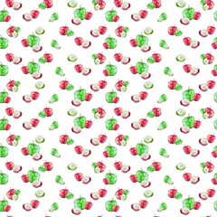 Seamless pattern with red and green watercolor apples on white background