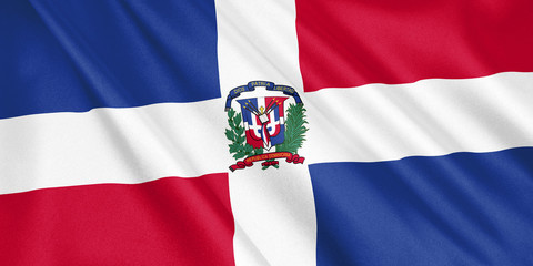 Dominican Republic flag waving with the wind, wide format, 3D illustration. 3D rendering.