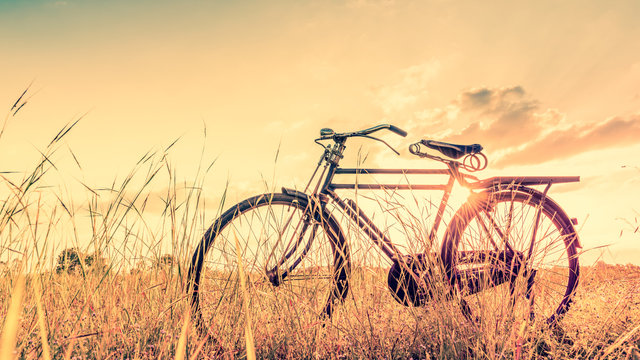 beautiful landscape image with Bicycle in vintage tone style