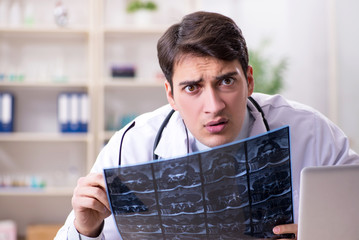 Young doctor looking at x-ray images in clinic