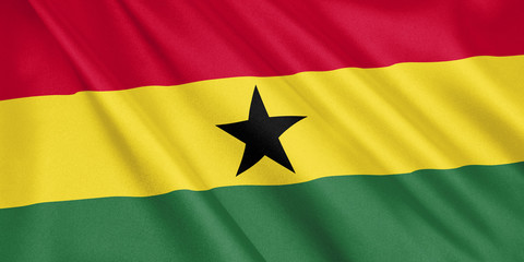 Ghana flag waving with the wind, wide format, 3D illustration. 3D rendering.