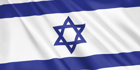 Israel flag waving with the wind, wide format, 3D illustration. 3D rendering. © adaptice