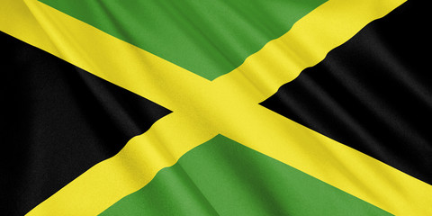 Jamaica flag waving with the wind, wide format, 3D illustration. 3D rendering.