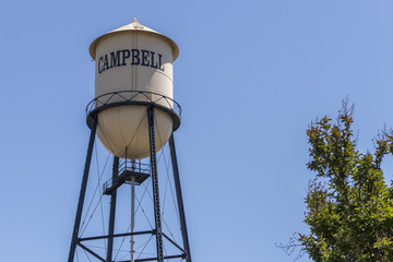 Campbell Water Tower against a blue summer sky. City of Campbell, Northern California.