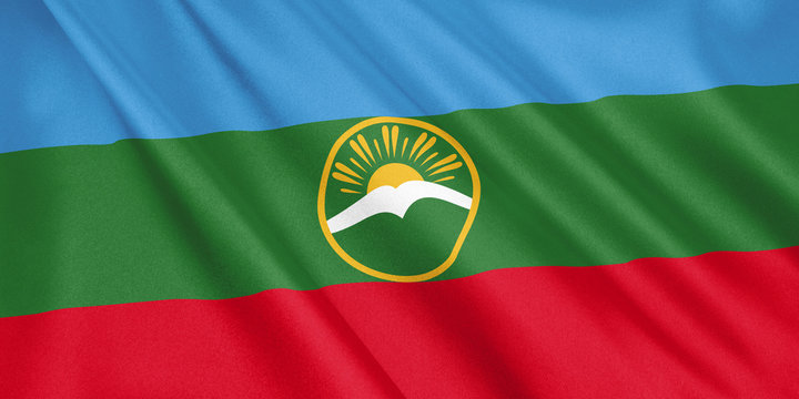 Karachay Cherkessia flag waving with the wind, wide format, 3D illustration. 3D rendering.