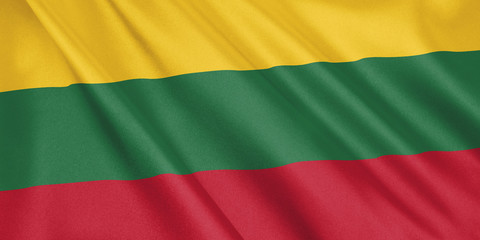 Lithuania flag waving with the wind, wide format, 3D illustration. 3D rendering.