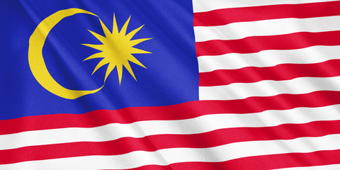 Malaysia flag waving with the wind, wide format, 3D illustration. 3D rendering.