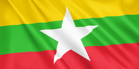 Myanmar flag waving with the wind, wide format, 3D illustration. 3D rendering.