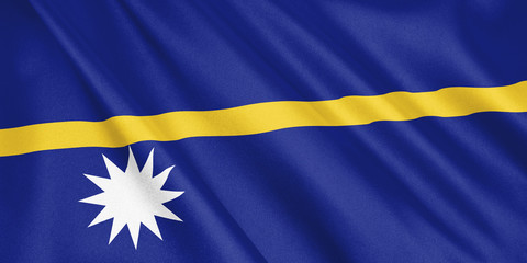 Nauru flag waving with the wind, wide format, 3D illustration. 3D rendering.