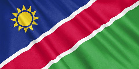 Namibia flag waving with the wind, wide format, 3D illustration. 3D rendering.