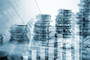 Double exposure rows of coins with common Modern business skyscrapers. for finance and...
