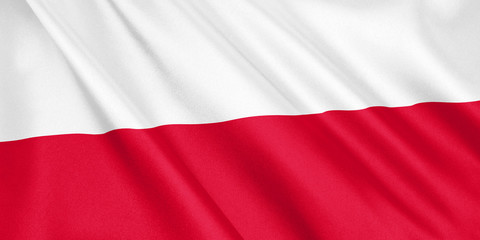 Poland flag waving with the wind, wide format, 3D illustration. 3D rendering.